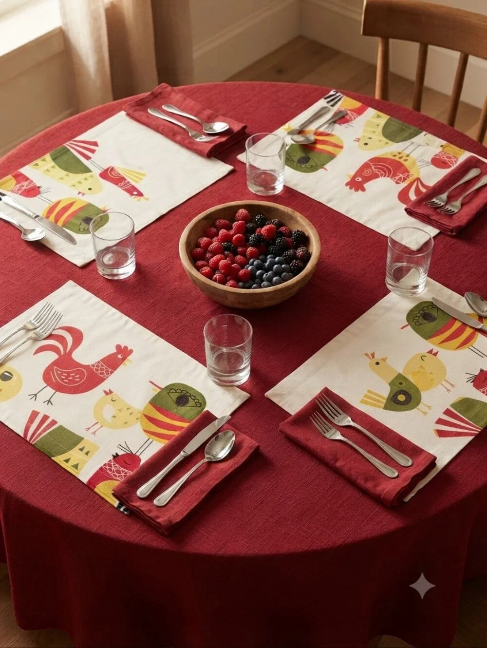 Crate & Barrel SET of 4 - Four Calling Birds Placemats Modern Embroidered Red